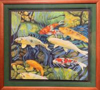 Koi on Green Rocks 16x18 Original Watercolor in Deluxe Koa Frame by Garry Palm <! local>